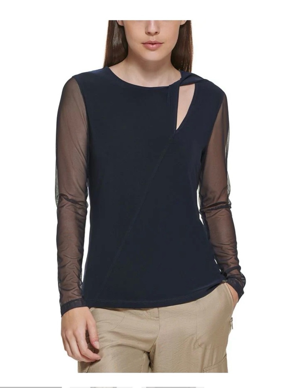 DKNY Navy Long-Sleeve Sheer-Panel Cutout Top